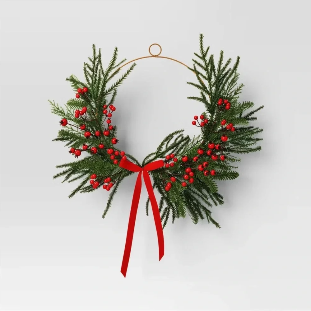 THRESHOLD NWT asymmetrical Christmas holiday wreath w/ bow -26”
